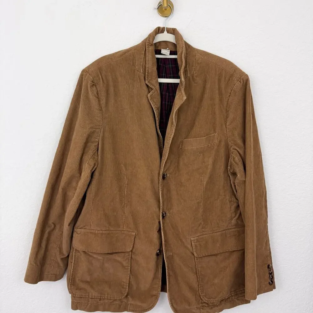 L.L. Bean Mens Corduroy Blazer Jacket Size 44 Reg Tartan Lined Cotton Retro Tan
